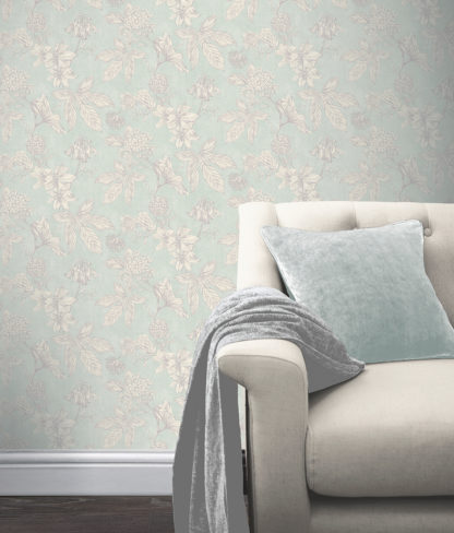 Papel Pintado Cocoon hogarami 902703 botanic floral soft teal roomset