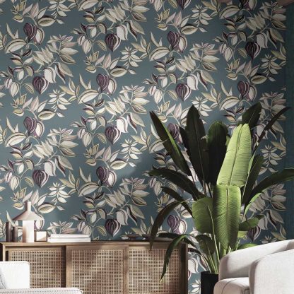 Ambiente con Papel Pintado Jupiter Hojas Verde 1626437 en hogarami.es